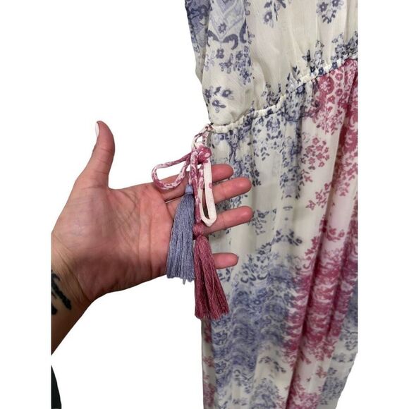 Knox Rose Chiffon Multicolored V-Neck Midi Dress Ruffle Tassel Boho Size Small - Picture 5 of 15
